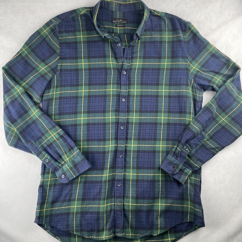 Zara Shirt Mens L Blue Green Plaid Long Sleeve Button Up Flannel Casual Preppy